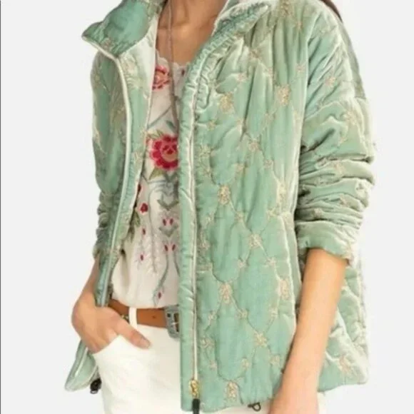 EUC Johnny Was Zaelia Lux Quilted Velvet Puffer Mint Green Coat Gold Trim XS/S - Picture 2 of 16